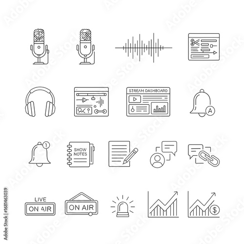 Podcast Production Thin Line Icons Audio Recording, Broadcasting & Live Streaming