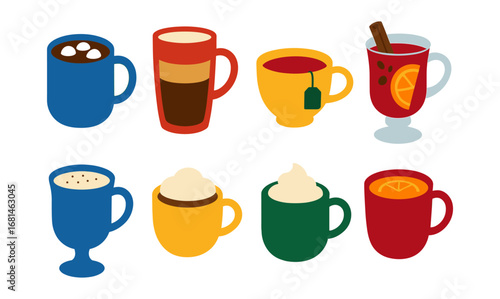 Colorful flat style hot drinks collection with mugs and diverse beverages