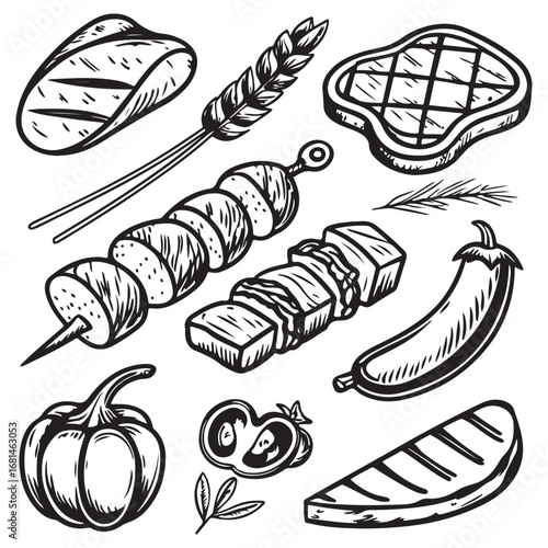 Hand drawn sketch of grilled foods including steak kebabs vegetables and bread on a white background