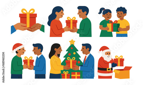Holiday gift exchange: diverse people giving and receiving christmas presents