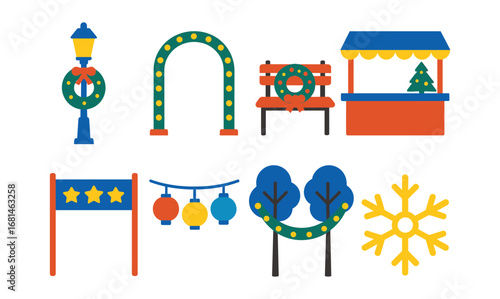 Festive winter park: colorful holiday decorations and vibrant christmas elements for seasonal designs