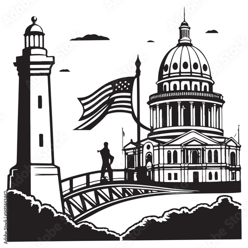 Iconic american landmarks lighthouse capitol building and flag on bridge with soldier symbolizing patriotism and freedom