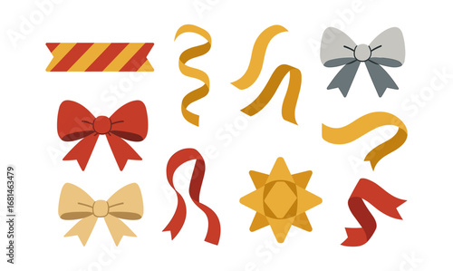 Colorful flat ribbon and bow set for festive decorations