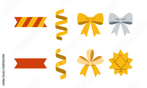 Colorful ribbon and bow set in minimalist flat design