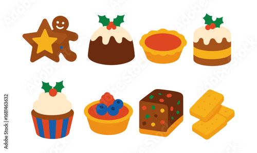 Festive holiday desserts icon set with gingerbread and pudding