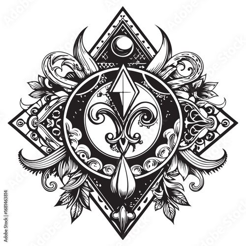 Intricate black and white heraldic emblem featuring a central fleur de lis within a circular frame surrounded by ornate flourishes and geometric shapes