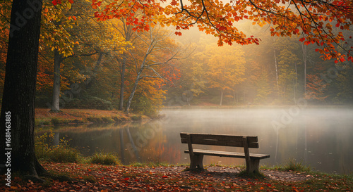 Serene Autumn Lakeside Scene A Tranquil View of a Bench by the Water, Surrounded by Vibrant Fall Foliage and a Misty Atmosphere, Perfect for Reflection