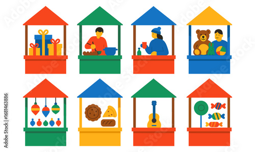 Colorful market stalls with food, gifts, and toys in flat design