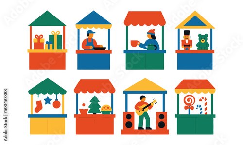 Colorful holiday market stalls featuring festive characters and decorations