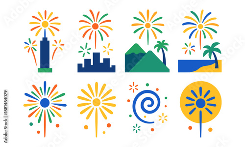 Flat fireworks and landscape icons featuring cityscapes and nature elements