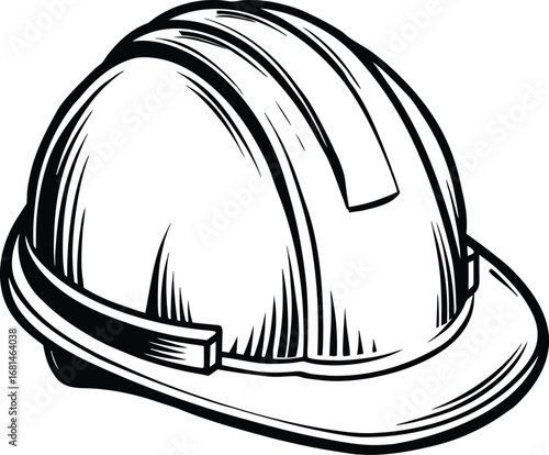 Black and white sketch of a classic construction hard hat with a brim and suspension system