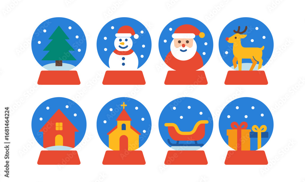 Fototapeta premium Festive snow globes featuring holiday icons in flat style for christmas