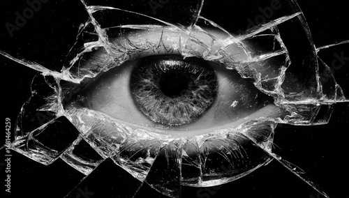High quality photo of single human eye peers through a shattered glass surface.