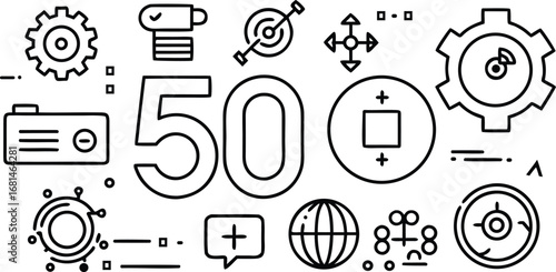 Collection of business and finance icons and symbols with the number fifty