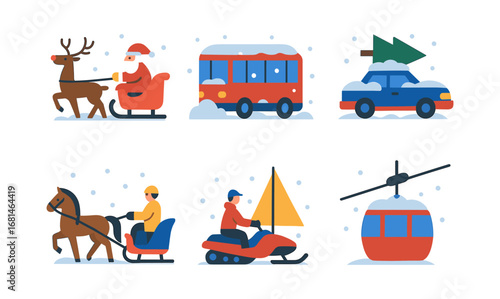 Winter transportation icons: santa, sleigh, ski lift, and snow sports