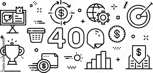 Financial success and business growth illustrated with icons representing investment goals and achievements