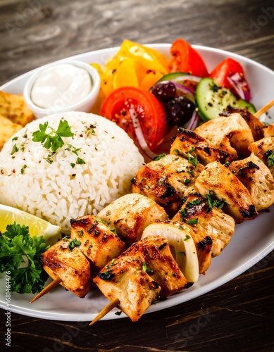 Grilled chicken skewers with rice and vegetables