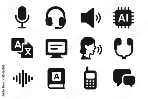 Voice multilingual communication dictionary device headset icon command icons vector microphone language