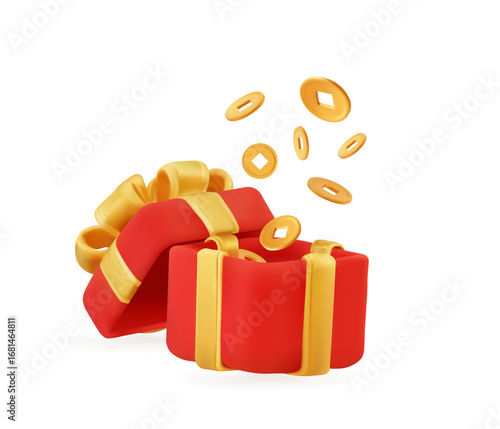 3D red gift box with golden ribbon and flying coins isolated on white background with open lid for prize, cashback and festive reward