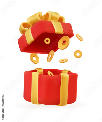 3D red gift box with golden ribbon and flying coins isolated on white background for bonus, cashback and festive promotion design
