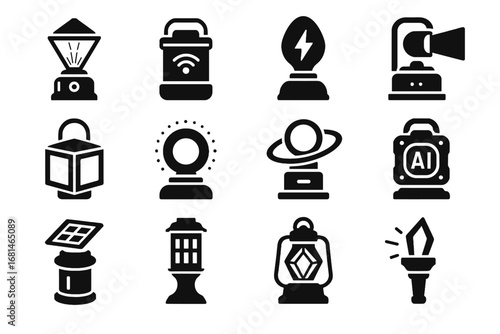 Solar panel torch lantern icon crystal rotating icons vector holographic futuristic glowing