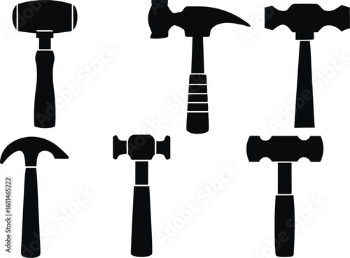 Collection of silhouetted black hammers and mallets on white background