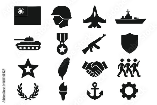 Armed Forces Day Sao Tome and Principe Solid Black Silhouette Icon Set Collection on White Background
