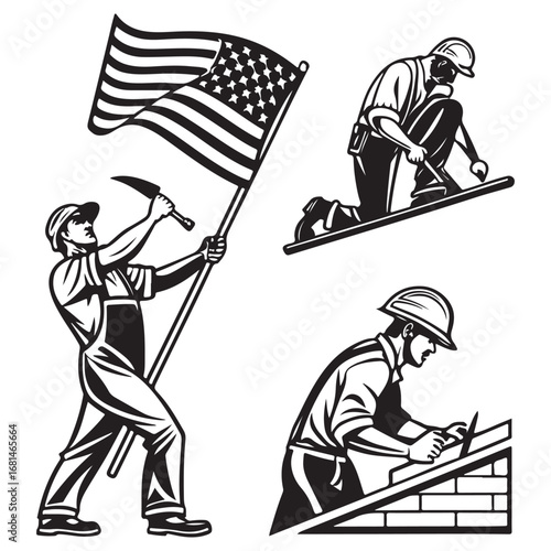 Patriotic construction workers in vintage style one holding an american flag another laying bricks and a third working on a roof