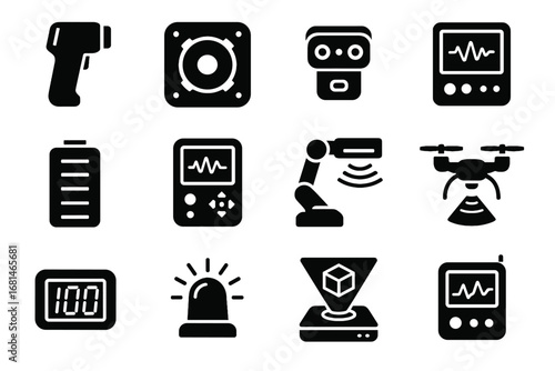 Scanner robotic data panel holographic display icons extension portable vector interface icon