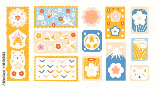 Set of italian summer mediterranean postage stamps. Vacation in Italy. Amalfi. Vector trendy illustration.