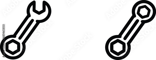 Two simple line art icons of wrenches one open end and one box end on a white background