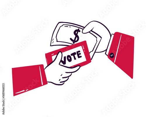 Hand exchanging a vote for a dollar bill, a vector illustration concept symbolizing political corruption, bribery, and election fraud