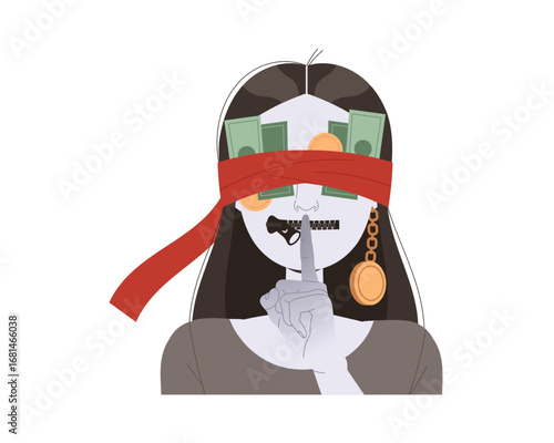 Vector illustration of a woman with a zipper mouth and money blindfold, a powerful metaphor for corruption, bribery, and the price of silence