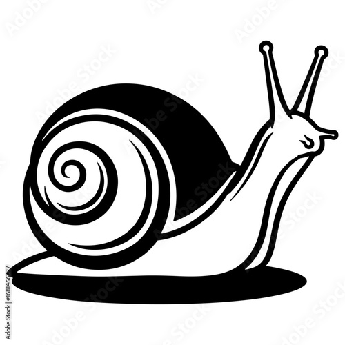 Title: A bold and minimalist black and white vector illustration of a snail with a spiral shell, ideal for modern graphic design projects.

