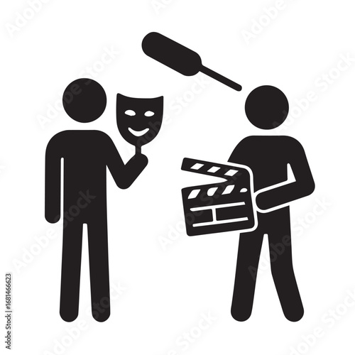 Film production scene with actor and director isolated on white background