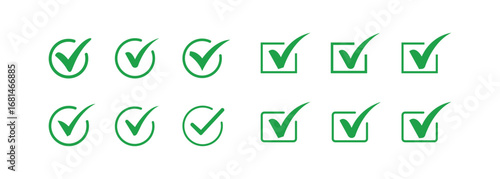 Green Check Mark Icons Set in Square and Circle Shapes on transparent background