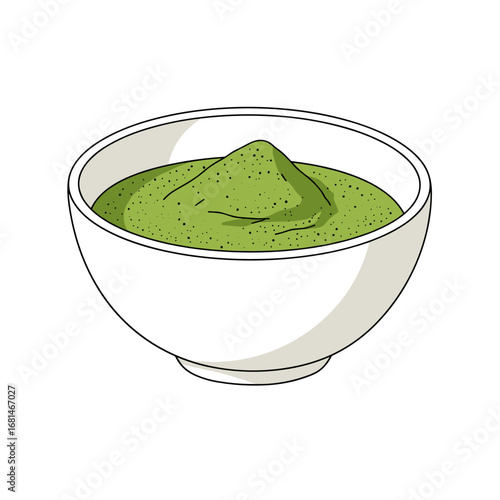 Ceramic bowl filled with neatly arranged matcha tea leaves in a soft pastel palette with a clean vector design