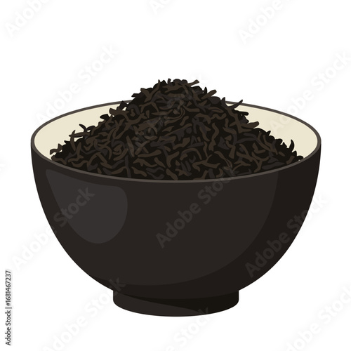 Dark ceramic bowl filled with black tea leaves in a minimal vector design using a muted natural palette
