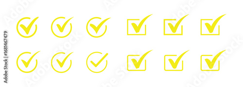 Yellow Check Mark Icons Collection in Various Styles on Transparent Background