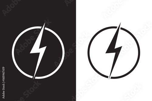 Lightning bolt icon, vector. Two-tone version on black and white background.