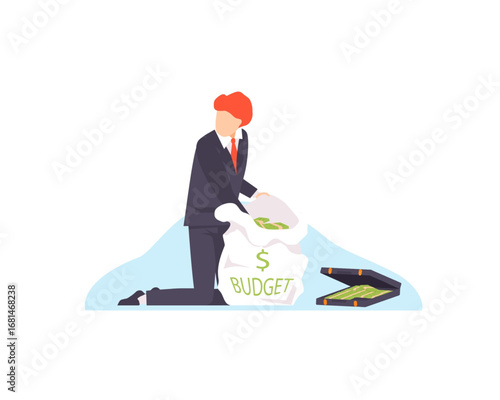 Businessman managing a large corporate budget, kneeling with a sack and briefcase full of cash representing financial success and wealth