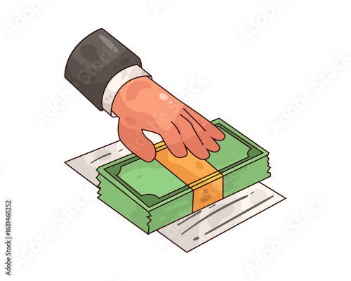 A businessman's hand on a stack of money over documents, an isometric vector illustration symbolizing financial dealings, bribery or payment