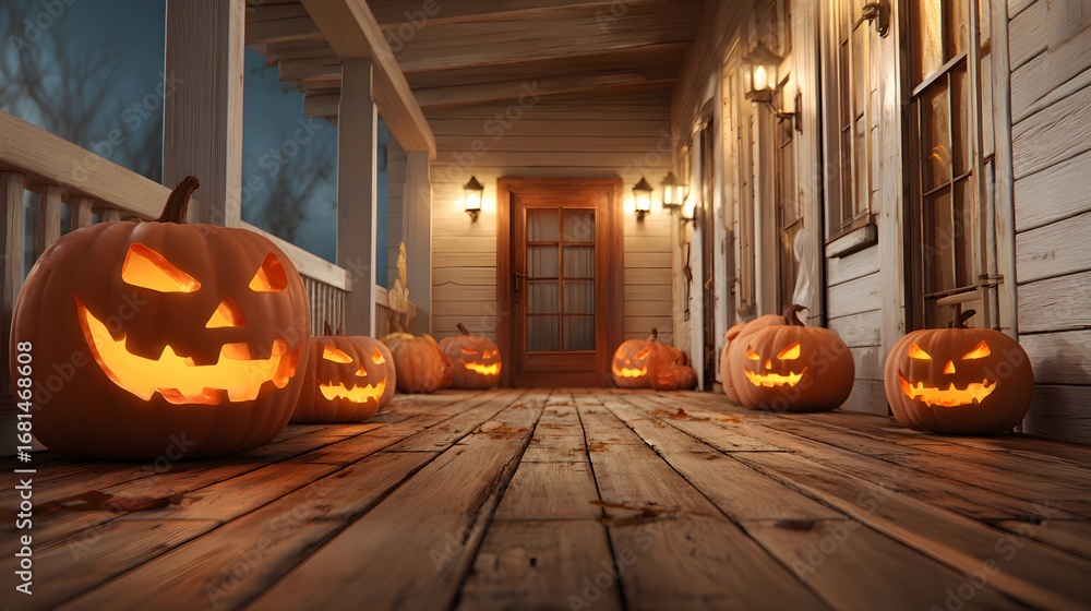 Obraz premium jack o lanterns on wooden porch realistic style