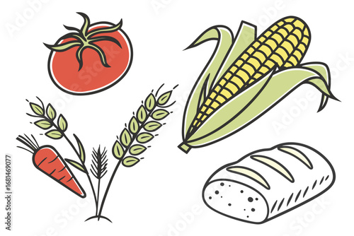 Farm to table icons and illustrations with food and agriculture elements