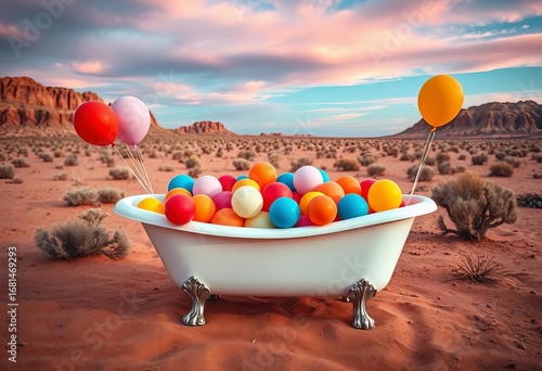 Clawfoot tub overflowing with vibrant balloons in stark desert landscape,  bright,   delightful
