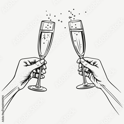 hands with Champagne glasses clinking sketch illustration vector