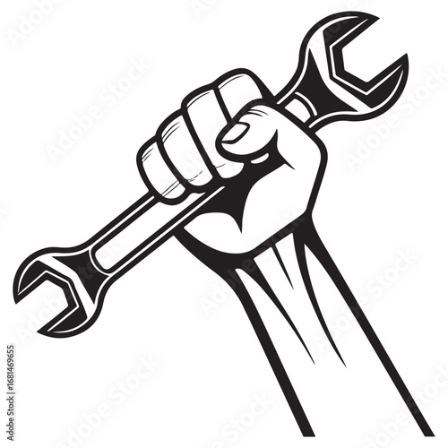 Strongly gripped open end wrench held firmly in a stylized hand symbolizing mechanical work and repair services