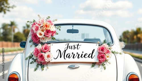 Elegant wedding car adorned with floral decorations and 