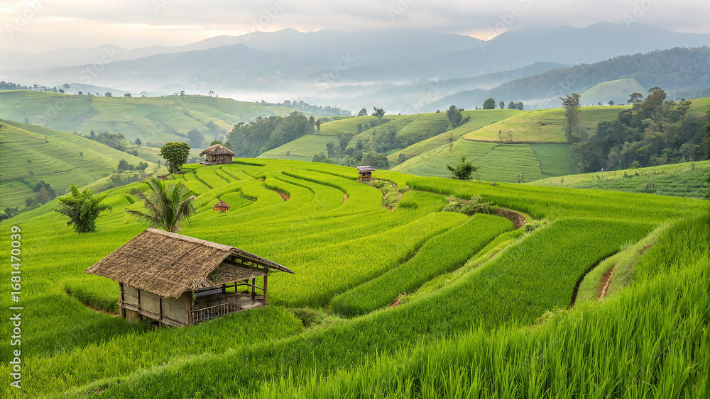 Fototapeta premium Vivid green rice terraces with morning mist create a peaceful backdrop, ideal for travel posters, wellness branding, and serene social media visuals.