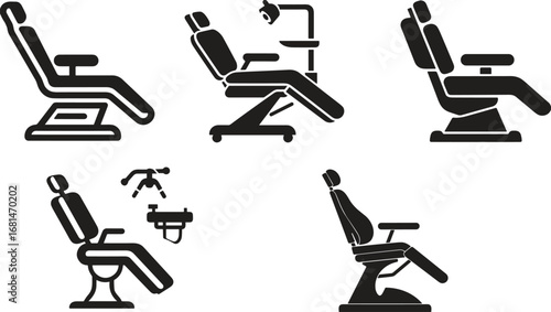 Modern dental chair icons, dentist equipment silhouettes, hospital clinic furniture, medical seat symbols, healthcare treatment vector illustration